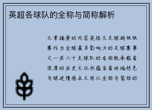 英超各球队的全称与简称解析